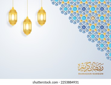 Arabic arabesque design greeting card for Ramadan Kareem. Islamic ornamental colorful detail of mosaic. Vector illustration