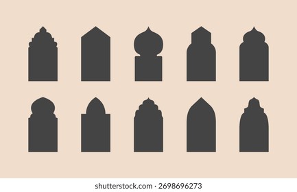 Conjunto de cores preto arco árabe. Porta islâmica ou portão da mesquita. Vetor