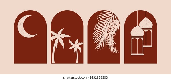 arabic arch frame, moon, lantern, palm tree. templates for social media, promotions and advertising banners, islamic frame vector illustration.