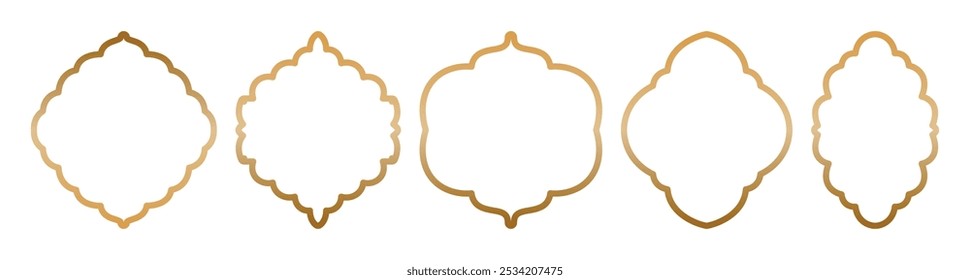 Arabic arch frames with gold gradient stroke border. Muslim holidays shapes. Social media, promotions and advertising banners, Islamic frame. Ramadan Kareem design element, invitation or card template