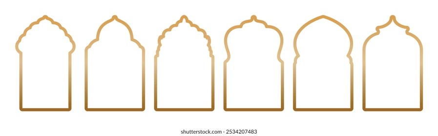 Arabic arch frames with gold gradient stroke border. Social media, promotions and advertising banners, Islamic frame. Ramadan Kareem design element, invitation or card template. Muslim holidays shapes