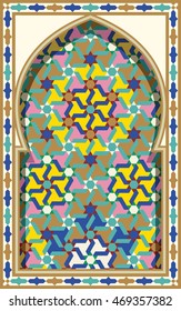 Arabic Arch. Traditional Islamic Background. Mosque decoration element. Elegance Background with Text input area in a center.