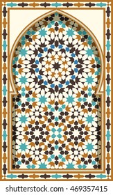 Arabic Arch. Traditional Islamic Background. Mosque decoration element. Elegance Background with Text input area in a center.
