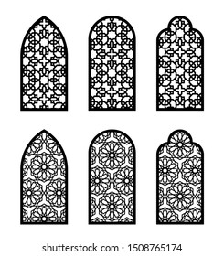 Arabic arch window or door set. Cnc pattern, laser cutting, vector template set for wall decor, hanging, stencil, engraving