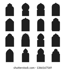 Arabic arch window and doors black set. Traditional design and culture. Vector flat style cartoon illustration isolated on white background