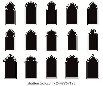 Arabic arch window and doors black set. Traditional design and culture. Vector flat style cartoon illustration isolated on white background