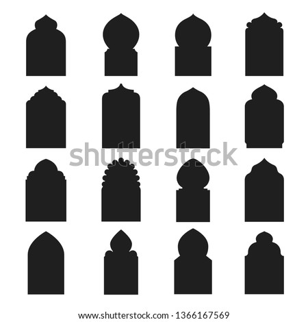 Arabic arch window and doors black set. Traditional design and culture. Vector flat style cartoon illustration isolated on white background