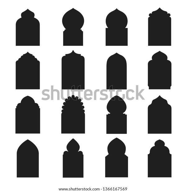 Arabic arch window and doors black set.\
Traditional design and culture. Vector flat style cartoon\
illustration isolated on white\
background