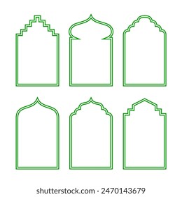 Arabic arch window and doors set vector. Traditional design and culture. Islamic frame outline isolated on white background.