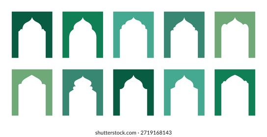 Arco árabe y colección de marco de ventana con influencias ornamentales islámicas. Formas arquitectónicas espirituales para el Ramadán. Vector aislado.