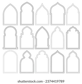 Arabic arch window set isolated on white background. Silhouette of islamic badge. Windows and arches. Set of Islamic shape illustration. Outline vector illustration