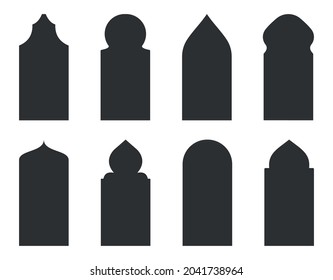 Arabic arch windows and doors style vector silhouettes.Architectural type of arches shapes and forms.Set of vector Islamic door and window shapes on white background. Vector illustrations