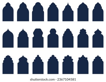 Arabic arch windows and doors style vector silhouettes. Architectural type of arches shapes and forms. Set of vector Islamic door and window shapes. Set of vintage label and badges shape collections