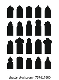 Arabic arch windows and doors in traditional islamic style black silhouettes. Illustration of black silhouettes door and window isolated on white background