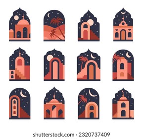 Arabic arch windows. Oriental muslim frames with mosque building, palm trees and night sky flat vector illustration set