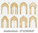 Arabic arches silhouette bundle. Arabian golden frames set