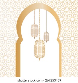 Arabic architectural illustration with arch and arabic lanterns