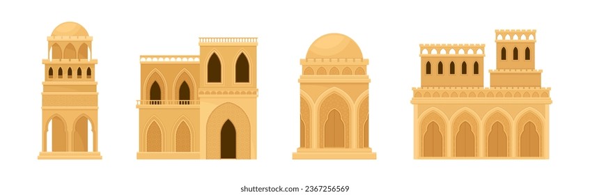 Arabic Architecture and Buildings with Arch Window Geometric Ornament Vector Set