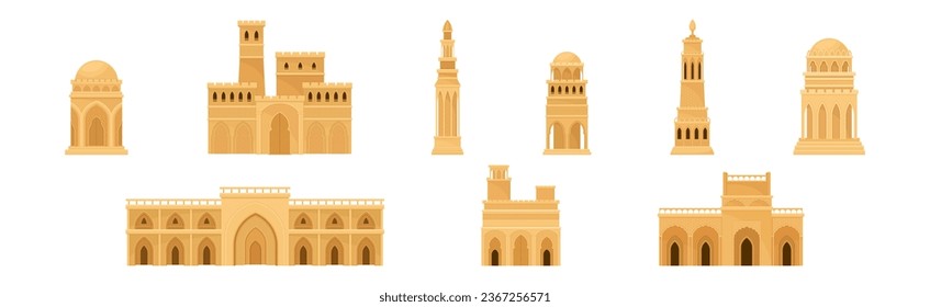 Arabic Architecture and Buildings with Arch Window Geometric Ornament Vector Set