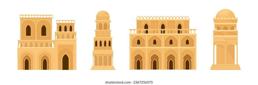 Arabic Architecture and Buildings with Arch Window Geometric Ornament Vector Set
