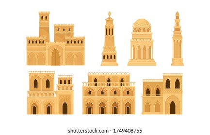 Arabic Architecture and Buildings with Geometric Ornament Vector Set