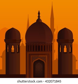 Arabic architecture. Eid Mubarak. Elegant islamic template design for Islamic holidays. Islamic background. Vector illustration