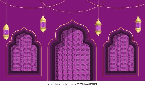 Die arabische Architektur einer islamischen Moschee dient als Grußkarte für Ramadan und Eid al-Fitr. Kalligraphische Übersetzung: Ramadan Kareem.
