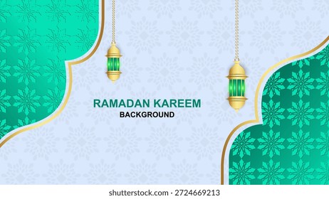 Arabic architecture of an Islamic mosque, serves as a greeting card for Ramadan and Eid al-Fitr. Calligraphy translation: Ramadan Kareem.
