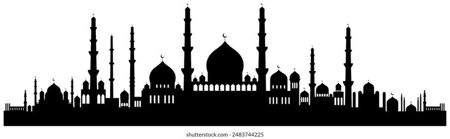 Arabic architecture mosque black silhouette. Mosque roof, Islamic cityscape panorama and minaret skyline silhouettes for Islamic holidays Ramadan, Eid Al-Adha, Eid Mubarak. Isolated vector