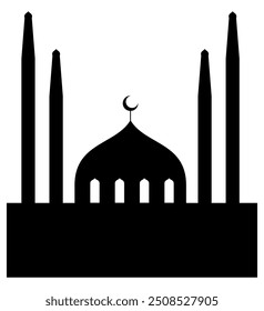 Arabic architecture mosque black silhouette. Mosque roof, Islamic cityscape panorama and minaret skyline silhouettes for Islamic holidays Ramadan, Eid Al-Adha, Eid Mubarak. Isolated vector