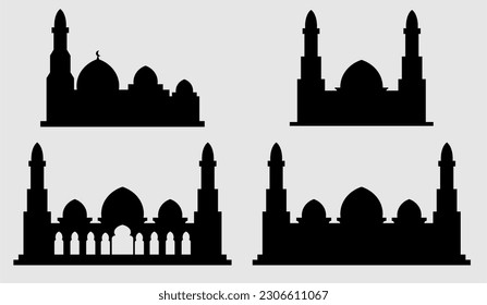 Arabic architecture silhouette, and tower skyline silhouette. vector illustration set. Architectural silhouette, arabic mosque, islamic minarets silhouette style mosque shadow