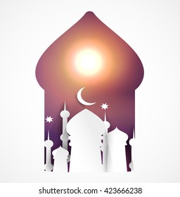 Arabic architecture in the window, Eid Mubarak card template background