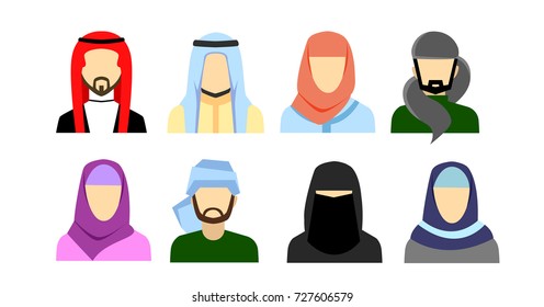 Arabic avatars in flat style. Arabic man and woman icons set. Vector illustration