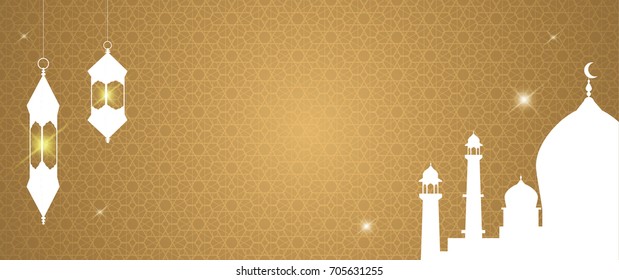 Arabic banner Vector illustration, Beautiful mosque and lantern on ornament pattern background with copy space.