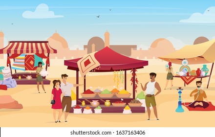 Arabic bazaar flat color vector illustration. Tourists at turkish marketplace with trade awnings. Travelers buying egyptian souvenirs faceless cartoon characters with desert town on background