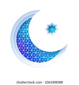 Arabic blue crescent moon window arch in paper cut style. Origami Ramadan Kareem greeting cards. Arabesque pattern. Holy month of muslim. Symbol of Islam