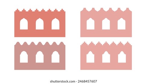 Conjunto de Formas de borde árabe. Diseños de pared beige con ventana, arco, silueta de puerta. Ilustraciones vectoriales orientales.