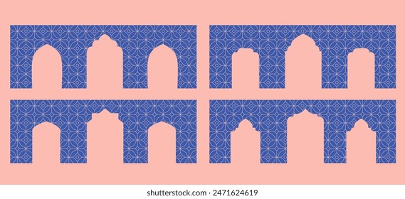 Conjunto de Formas de borde árabe. Pared azul con ventana, arco, silueta de la puerta. Ilustraciones vectoriales orientales.
