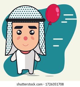 Niño árabe sosteniendo globo linda caricatura ilustración vectorial