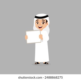 Arabic boy holds a blank whiteboard