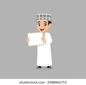 Arabic boy from Oman holds a blank whiteboard