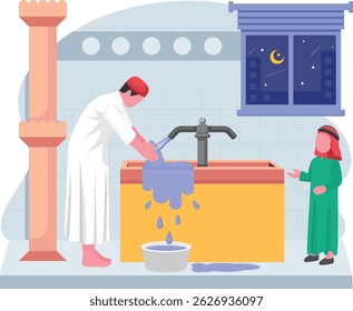 Arabic Boy performing ablution concept, Person Preparing himself for prayer wadu vector design, Eid al-Adha scene, Eid-al-Kabir Hajj banner, Traditional Arabic Muslims Festival stock illustration