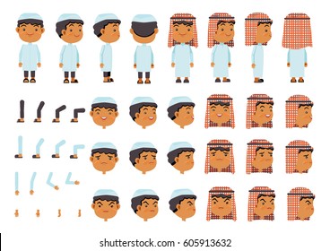 Arabic Boys character creation set. Icons with different types of faces Islamic head scarf men clothing style, emotions,  front, rear, side view of male person. Moving arms, legs. Vector illustration