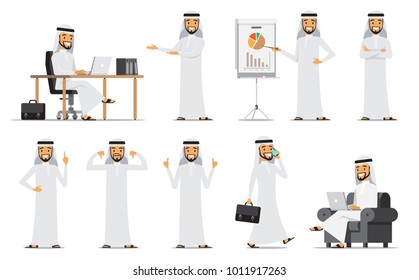 Arabic Business man Character Set. Vector illustration. Isolated on white background.