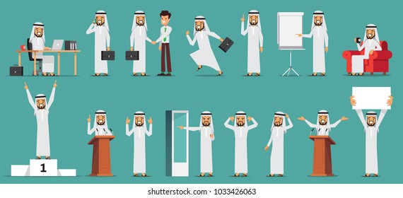 Arabic Business man Character Set. Vector illustration. Isolated on blue background.