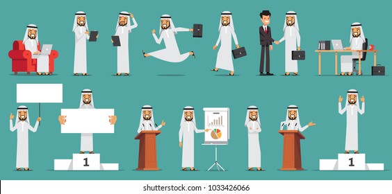 Arabic Business man Character Set. Vector illustration. Isolated on blue background.