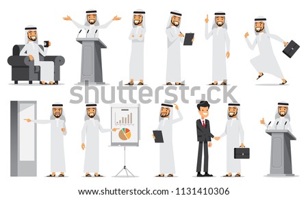 Arabic Business man Character Set 3. Vector illustration. Isolated on white background.
