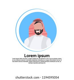 Arabic business man face avatar wearing traditional clothes arab cartoon character portrait isolated round frame flat vector illustration