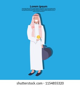 Arabic business man holding dollar coin money bag growth wealth concept wearing traditional clothes arab businessman copy space flat full length vector illustration