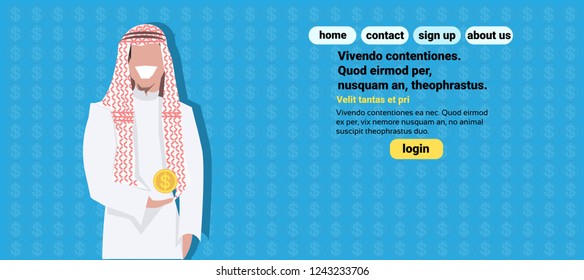 Arabic business man holding dollar coin money growth wealth concept wearing traditional clothes arab businessman copy space blue background flat portrait horizontal